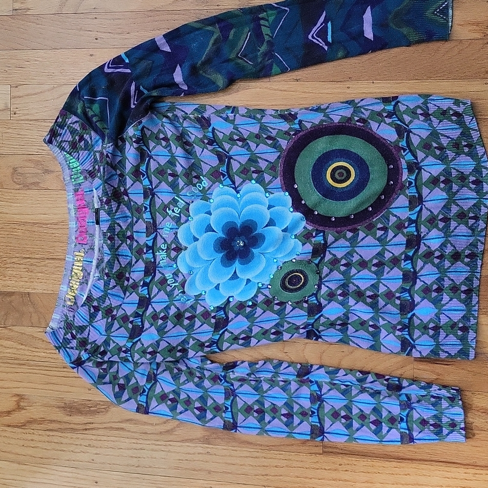 Desigual sweater.  Size large. Fits size 6. Blues, purple, and green.